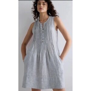 Quince Swing Dress Pockets  European Linen Fisherman Striped Pleated Nautical S